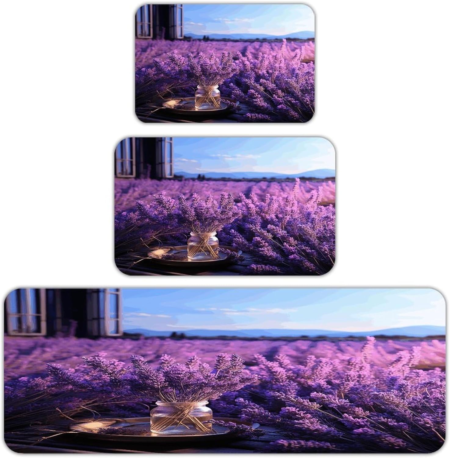 Romantic Lavender Kitchen Mats Soft Absorbent Rugs for Floor Non Slip Washable Kitchen Mats Fashion Rectangular Rugs for Three-Piece Set for Laundry Office Home Sink