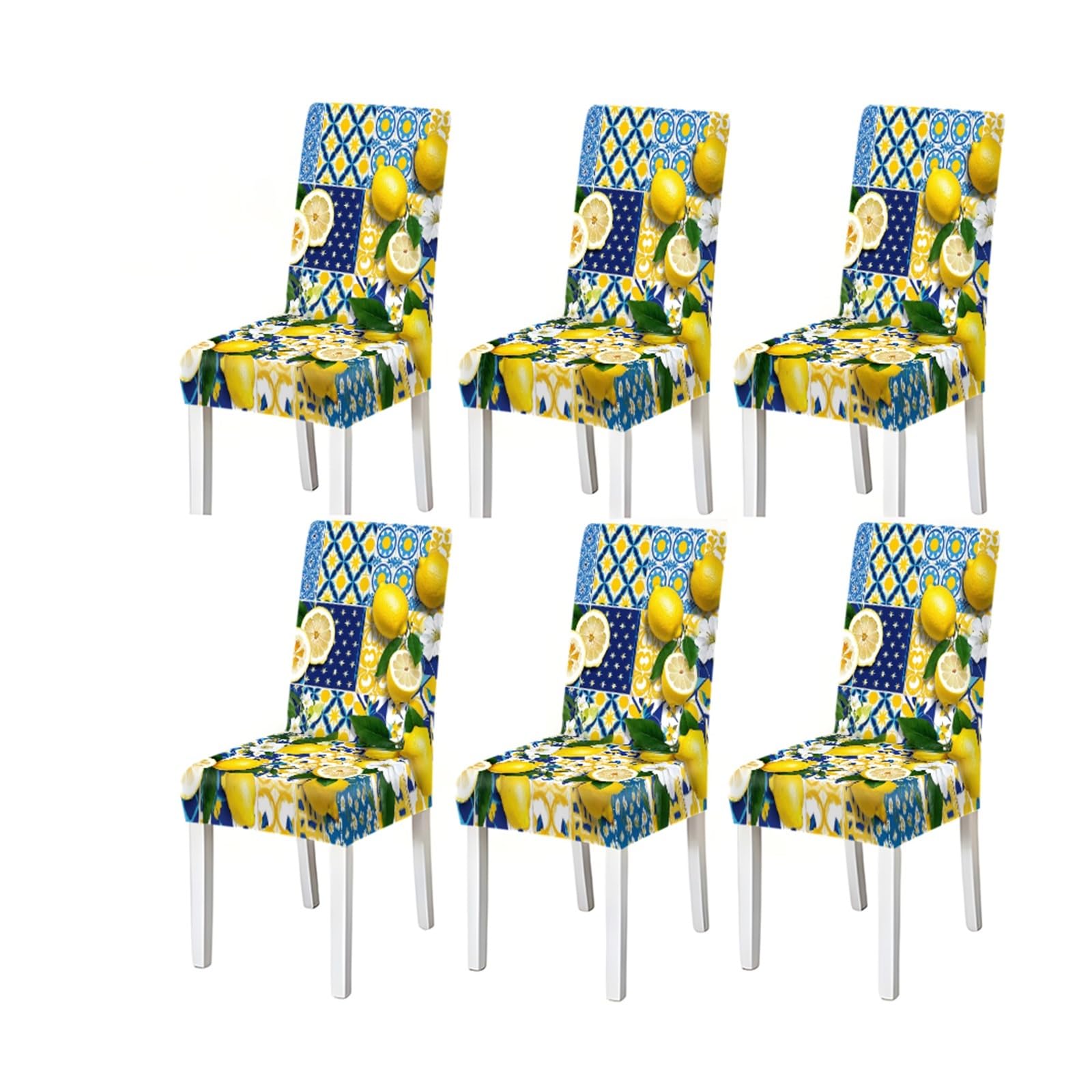 Mediterranean Lemon Pattern Print Dining Chair Covers Set Of 2/4/6, Stretch Slipcovers For Kitchen Dining Room Removable Stretch Slipcovers for Dining Chairs(6PCSChair cover)