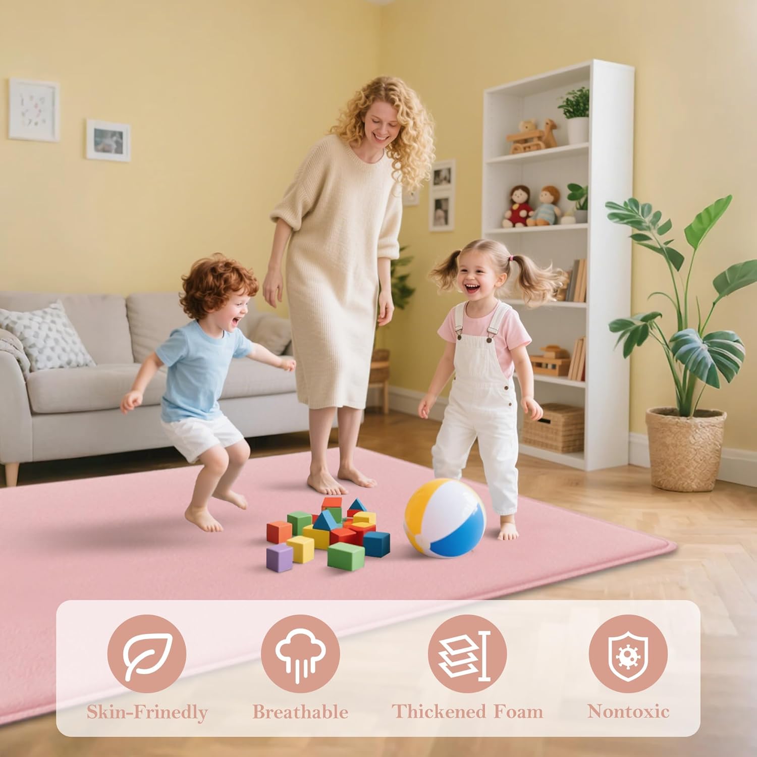 Papamama 1.3" Thick Baby Play Mats for Floor, 50x50 Playpen Mat, Ultra Soft Plush Nursery Rug for Baby Girl, Crawling Rug with Non-Slip Backing Safe for Toddlers/Infants, Yoga & Tatami Use(Pink)