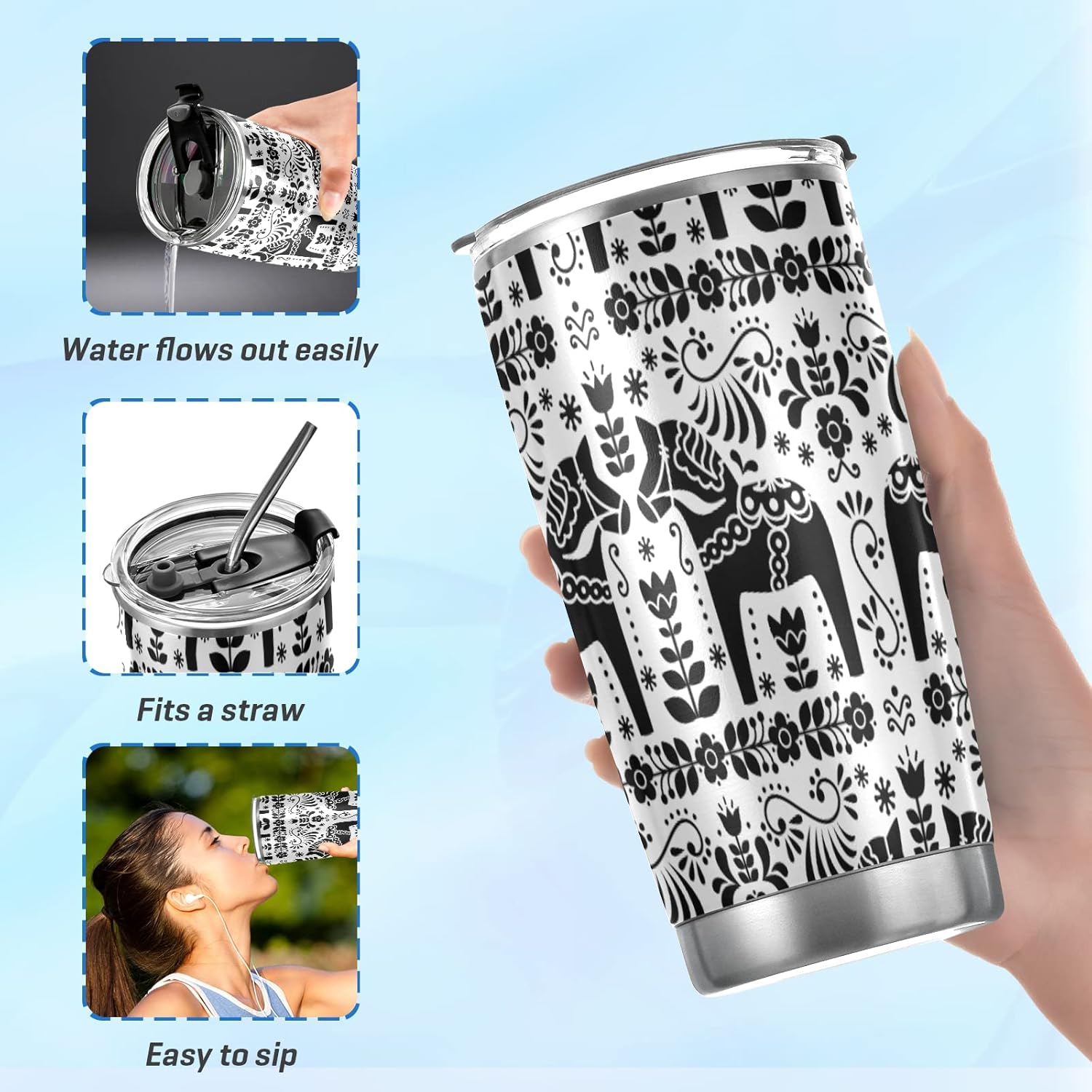 Tumbler Dala Horse Folk Art Insulated Coffee Cup Beverage Container Travel Mug with Straw and Lid Double Wall Stainless Steel 20oz Office, Back to School - Image 5