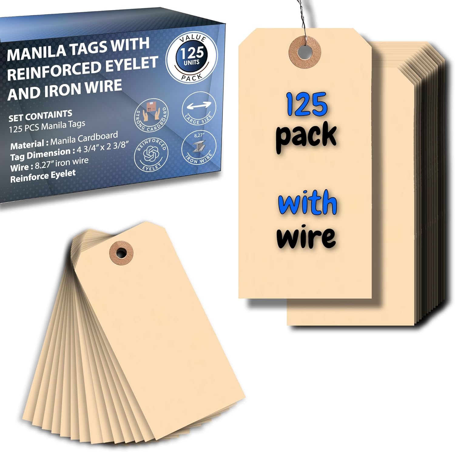 Easytwelve - 125 Pcs Hang Tags Labels with Reinforced Eyelet with Wire, Cardstock tag for Labeling, Equipment Labels, Organizing, Inventory, Write on 4 3/4 x 2 3/8 inch Manila With Wire