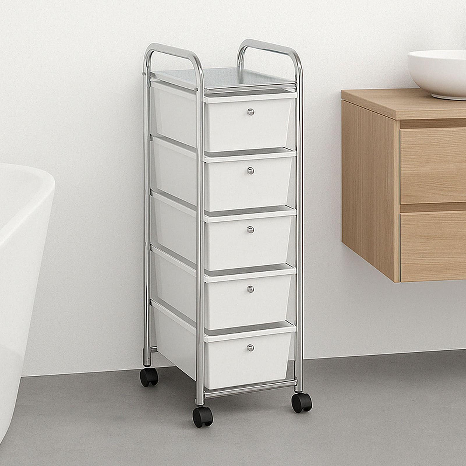 IDIMEX Caisson sur roulettes GINA Chariot avec 5 tiroirs en Plastique Blanc Transparent et 1 étagère, Meuble de Rangement pour Salle de Bain en métal chromé