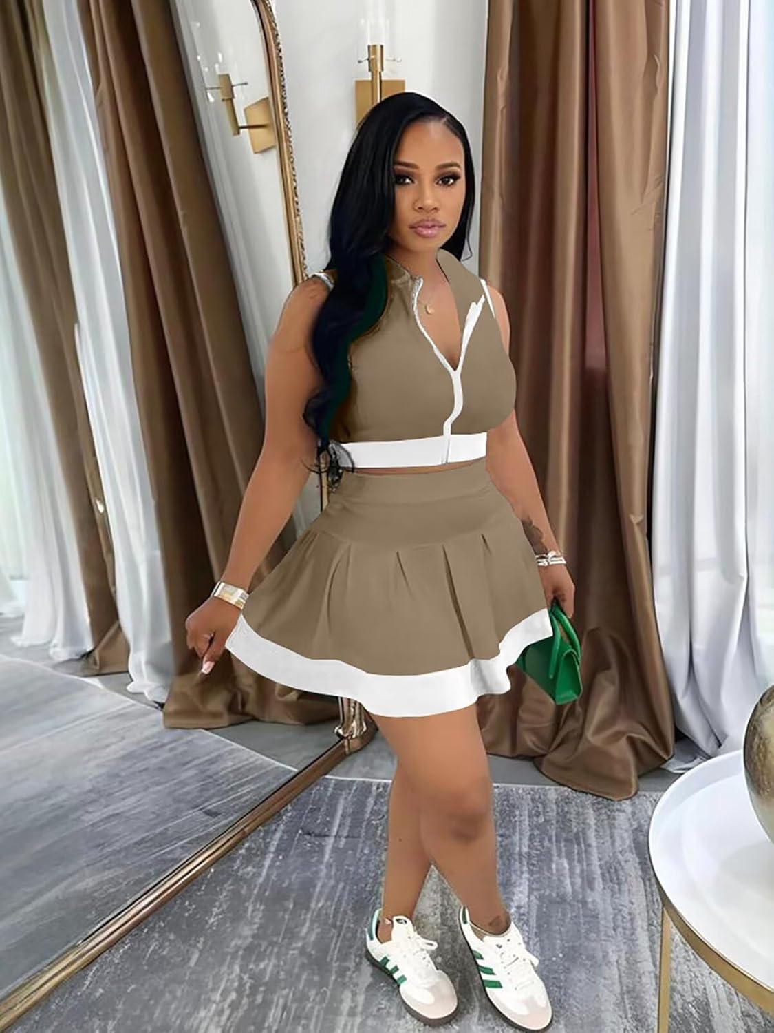 Ophestin Women 2 Piece Outfits Colorblock Workout Tennis Skirt Sets Zipper Crop Top Pleated Mini Dress Going Out Party - Image 2