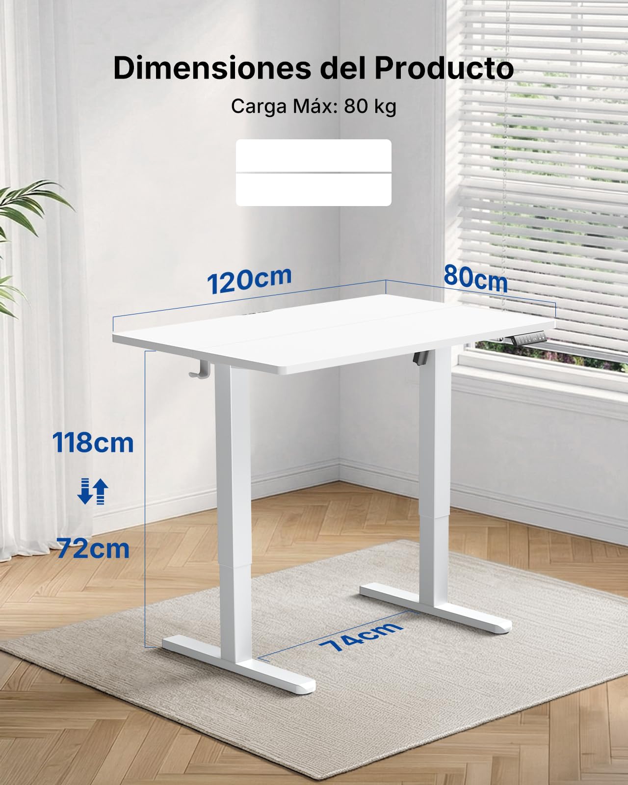 HUANUO Escritorio de Altura Regulable 120 x 80 cm con Puerto de Carga USB-C y USB-A, Altura Ajustable de 72 – 118 cm, 4 ajustes preestablecidos de Memoria, gestión de Cables y Ganchos