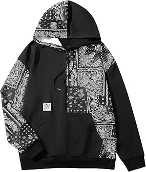 WDIRARA Men's Paisley Print Drawstring Long Sleeve Hoodie Pocket