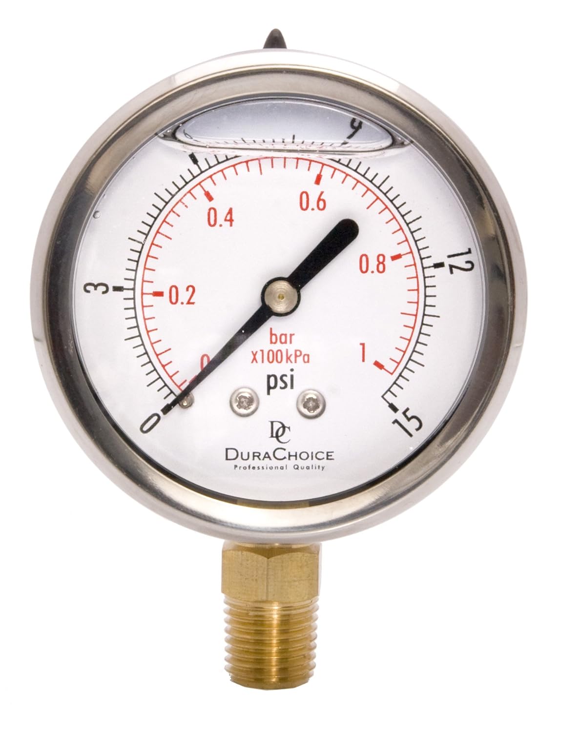 2-1/2" Oil Filled Pressure Gauge - Stainless Steel Case, Brass, 1/4" NPT, Lower Mount Connection, 0-15PSI