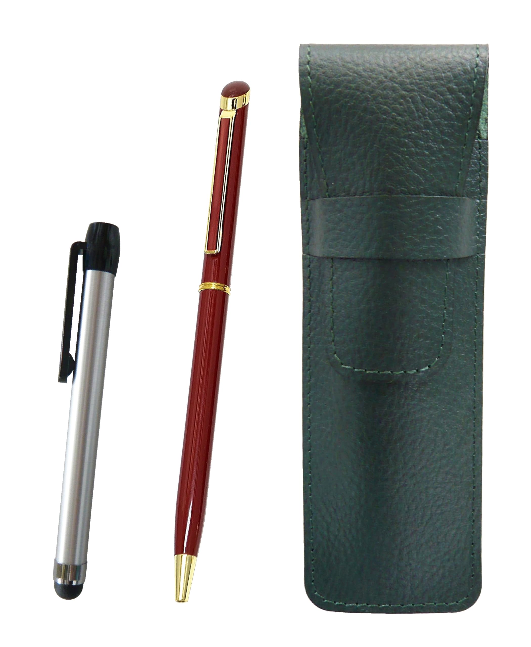タキザワ SASMG-ALST-WD002-R Grain Leather Pencil Case Moss Green Metal Touch Stick Silver and Epoxy Rotating Ballpoint Pen Set Red