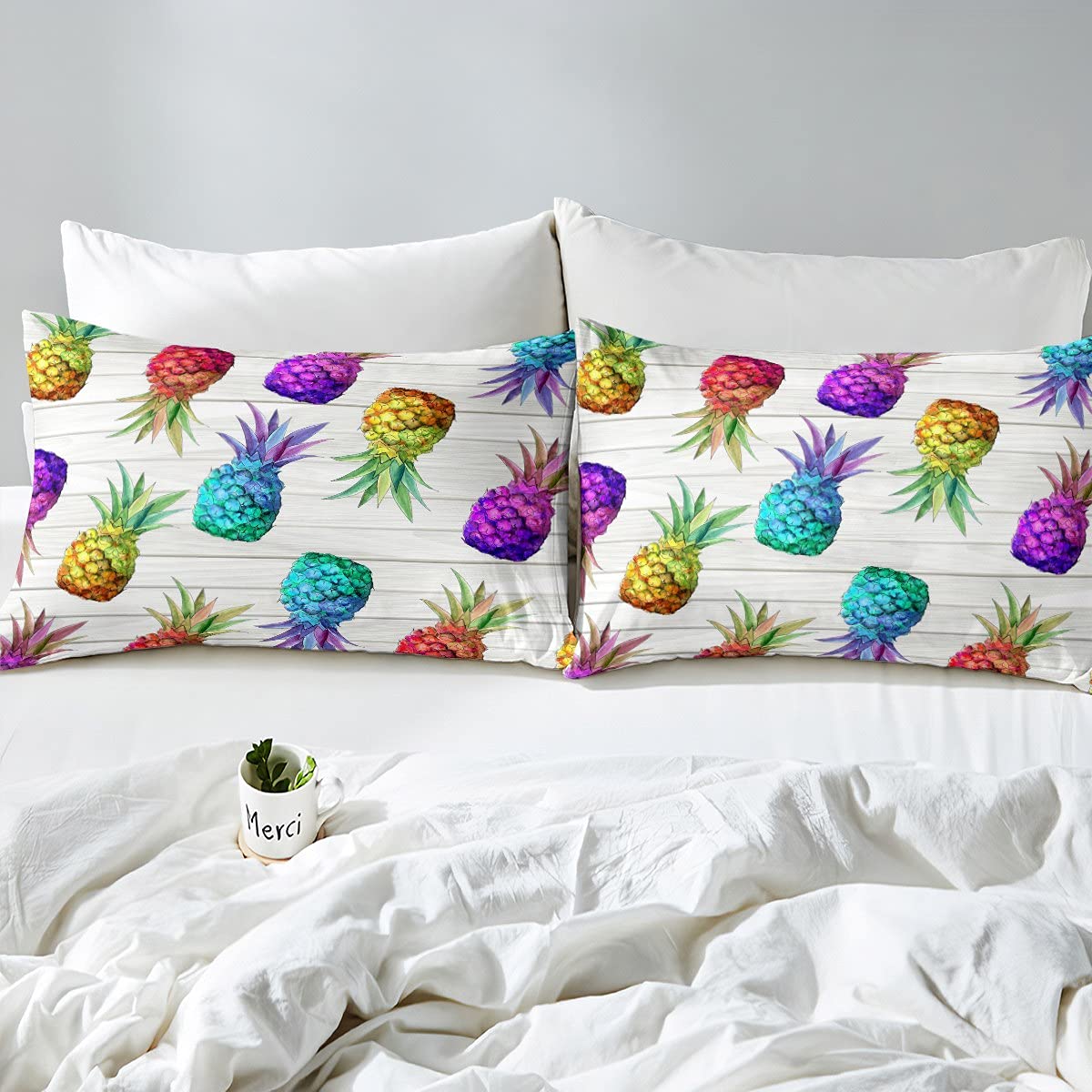 Homemissing Pineapple Bedding Set Cute Tropical Fruit Comforter Cover for Kids Boys Girls Summer Fresh Pineapple Duvet Cover Wooden Plank Bedding & Linen Bright Colorful Bedding & Linen King Size - Image 4