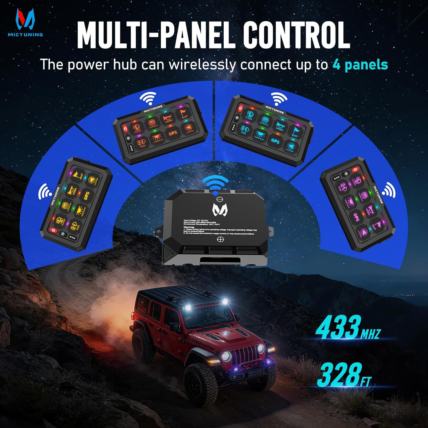 MICTUNING 8 Gang Wireless Switch Panel Suitable for P1S-W, 328FT 433MHz Remote Range Up to 4-Panel Sync, Plug and Play, Multifunction Toggle Momentary Strobe Pulsed for Car(Panel Only)
