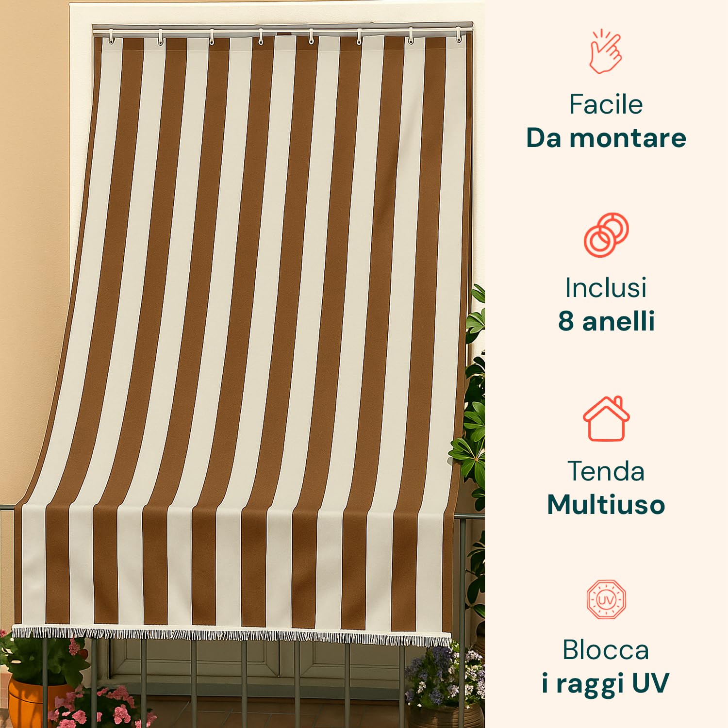 Wintem Tenda da Sole per Esterno Righe Marroni con Anelli h 300x140 cm -Tende da Sole per Esterni Rimovibili in Poliestere - Tendone Balcone Esterno Parasole per Giardino e Gazebo