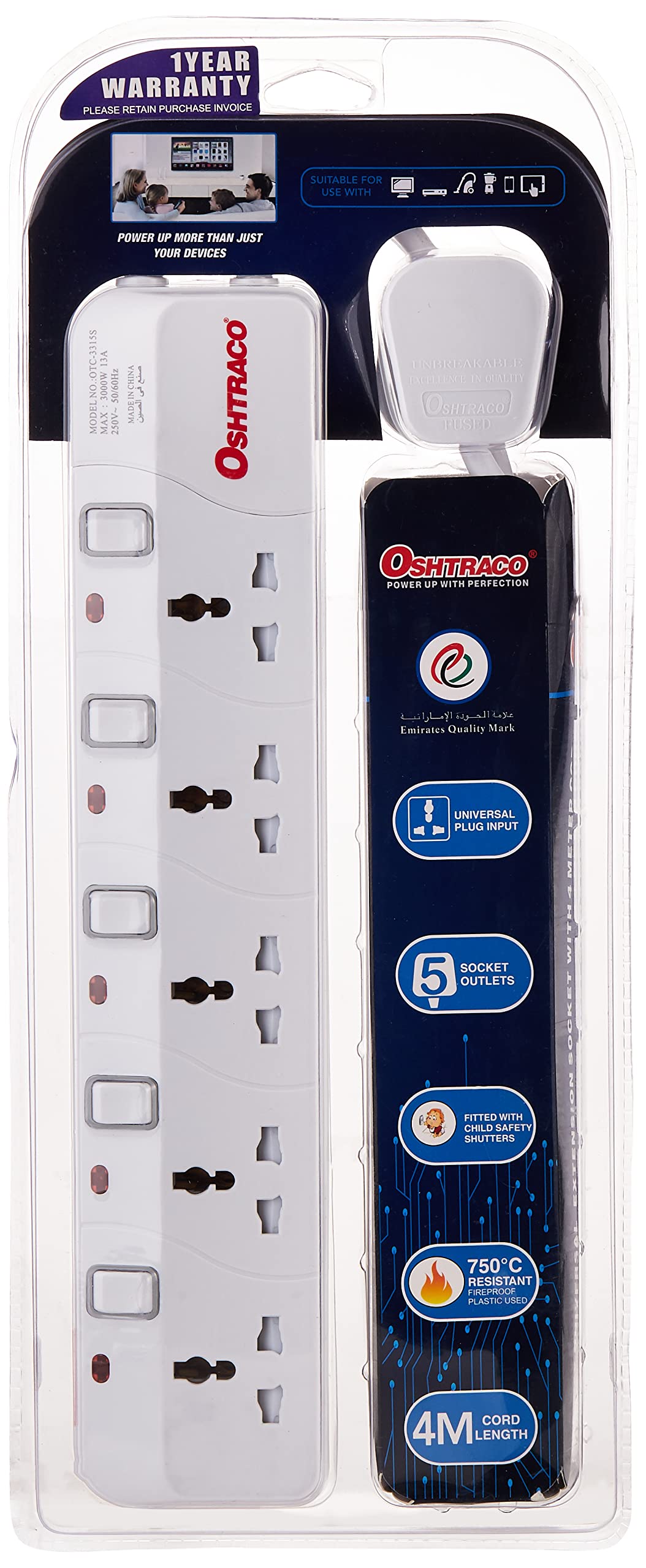 OshtracoPower Strips Extension Cord 5 Outlets, Universal Plug Adapter Surge Protector, with 4M Flexbible Cord. For use in households and offices.(White)