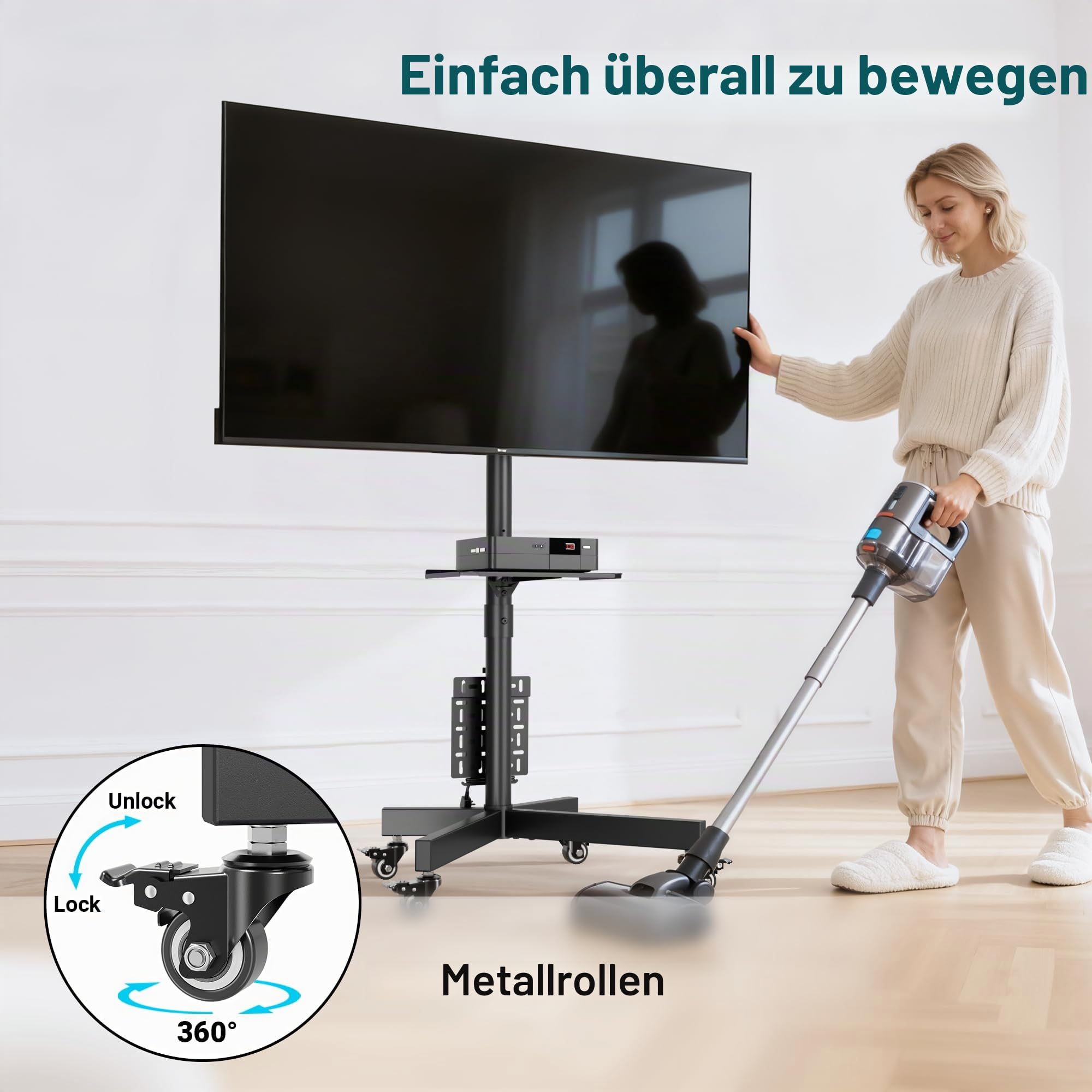 BONTEC TV Ständer Rollbar für 23-60 Zoll LED LCD OLED, Max. VESA 400x400mm, bis 40 kg, Höhenverstellbarer Fernsehständer mit Rollen und Lochplatte, Medienablage, Kabelmanagement, Schwarz