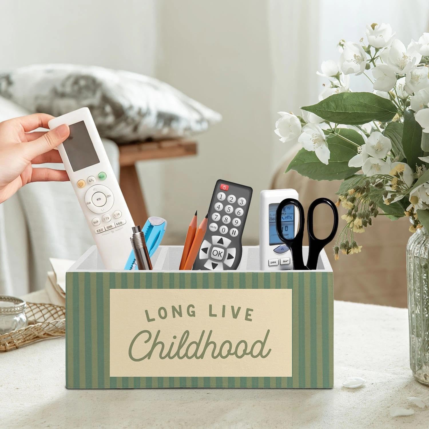 Kid Room Decor Pen Pencil Holder Organizer for Desk Accessories, Long Live Childhood Green Striped Wooden Box Signs Decorations for Classroom Kids Boys Girls Room Bedroom Desk Tabletop image 2