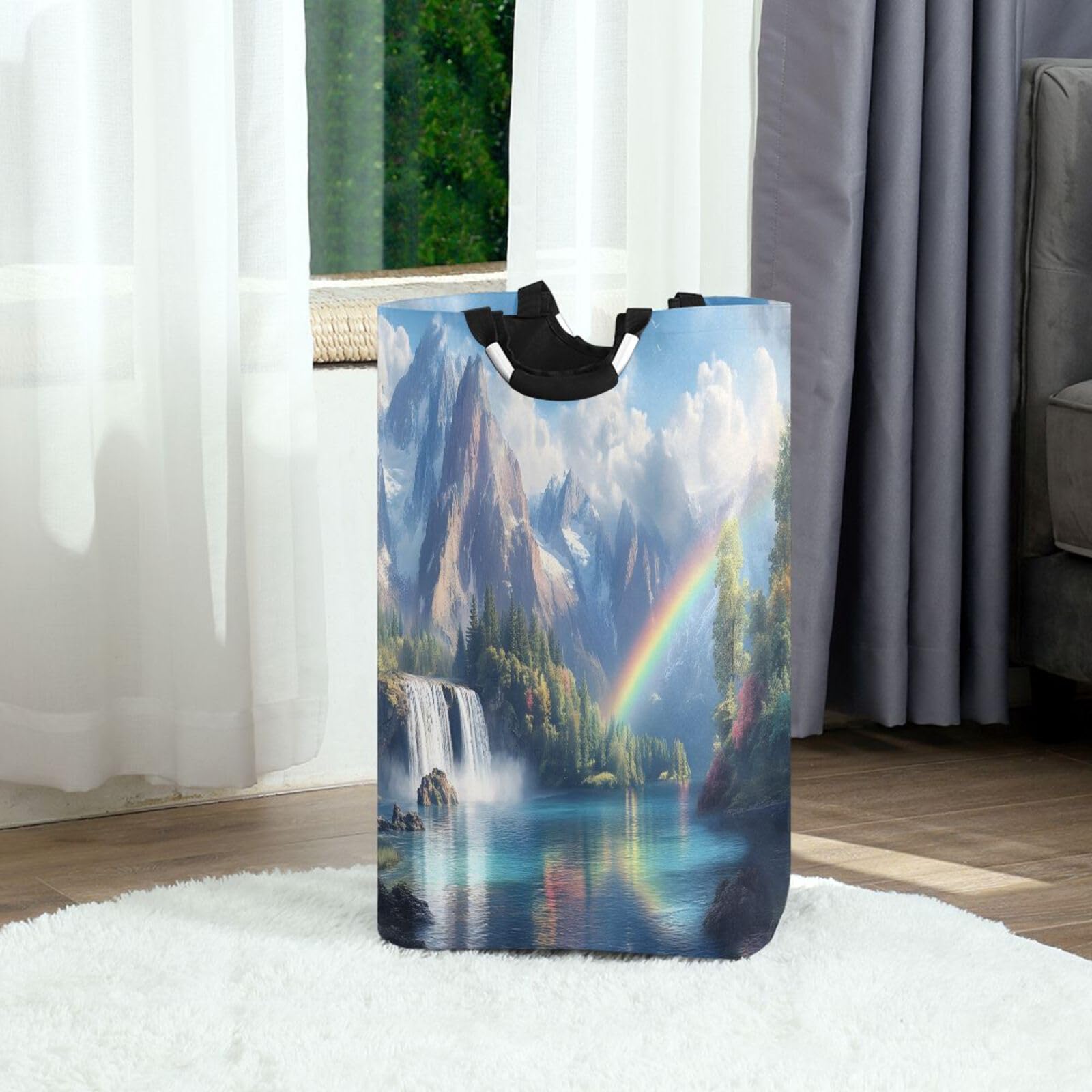 Jihqo Laundry Hamper Basket Rainbow Waterfall Landscape Collapsible Nursery Storage Bin Waterproof Clothing Baskets for Home Bedroom Bathroom Washing Room