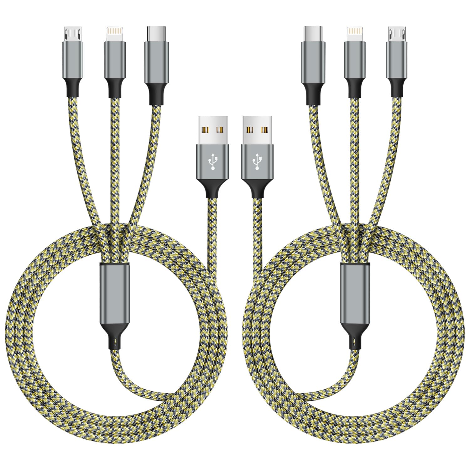 Multi Charging Cable(2Pack 4FT), Nylon Braided 3 in 1 Universal Phone Charger Fast Charging with Type-C/Micro USB and IP Port, Compatible with Most Cell Phones(Grew/Yellow)