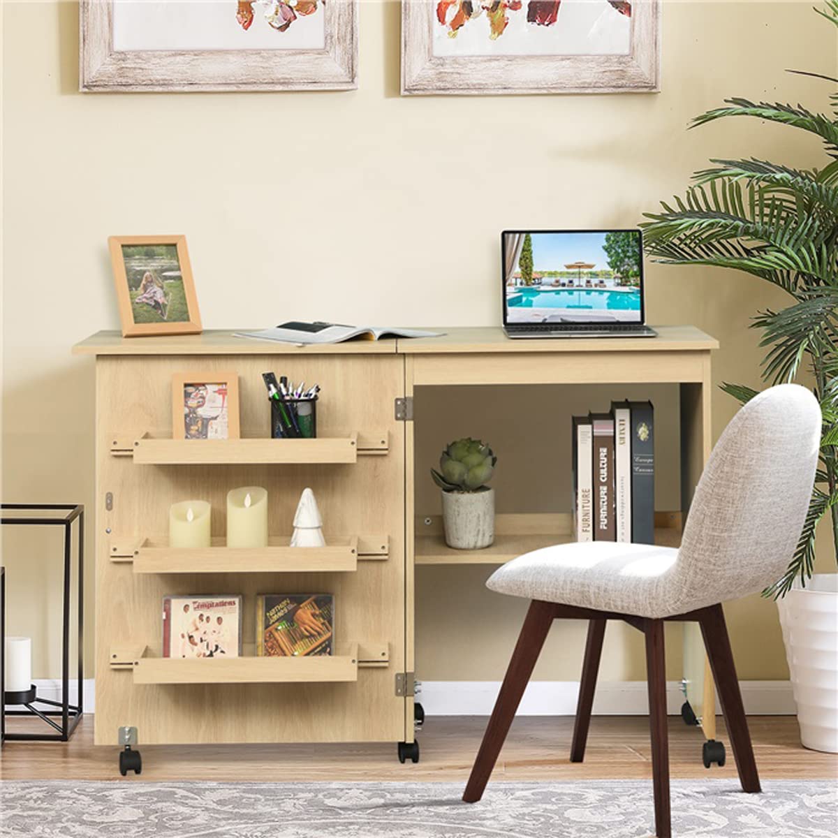 RELAX4LIFE Mesa de Costura Plegable Con 5 Ruedas, Frenos y 4 Estantes de Almacenamiento, Para Máquina de Coser de MDF, Multifuncional Para Salón, Dormitorio, Estudio, 118,5x40x79,5cm, Beige