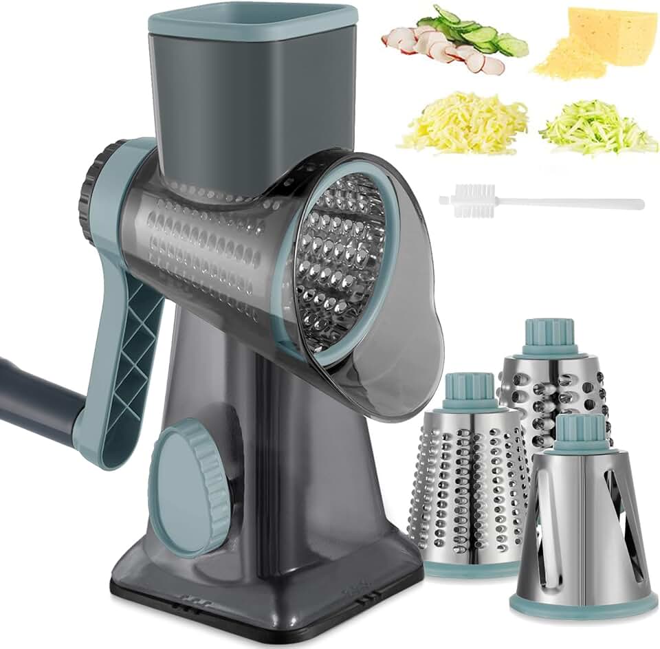 ralador de queijo manivela ralador de queijo rotativo com alça, triturador de queijo 3 em 1 com lâminas intercambiáveis ​​e base de sucção forte ralador multifuncional para cozinha