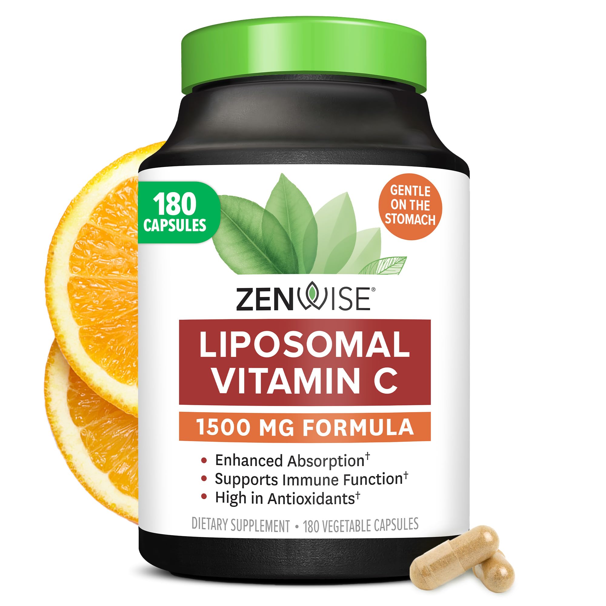 Zenwise HealthEnhanced Absorption Liposomal Vitamin C Supplement - 1500mg Liposomal VIT C for Immune Support, Antioxidant & Natural Energy Boost - Organic & Gluten Free - Unflavored, 180 Capsules