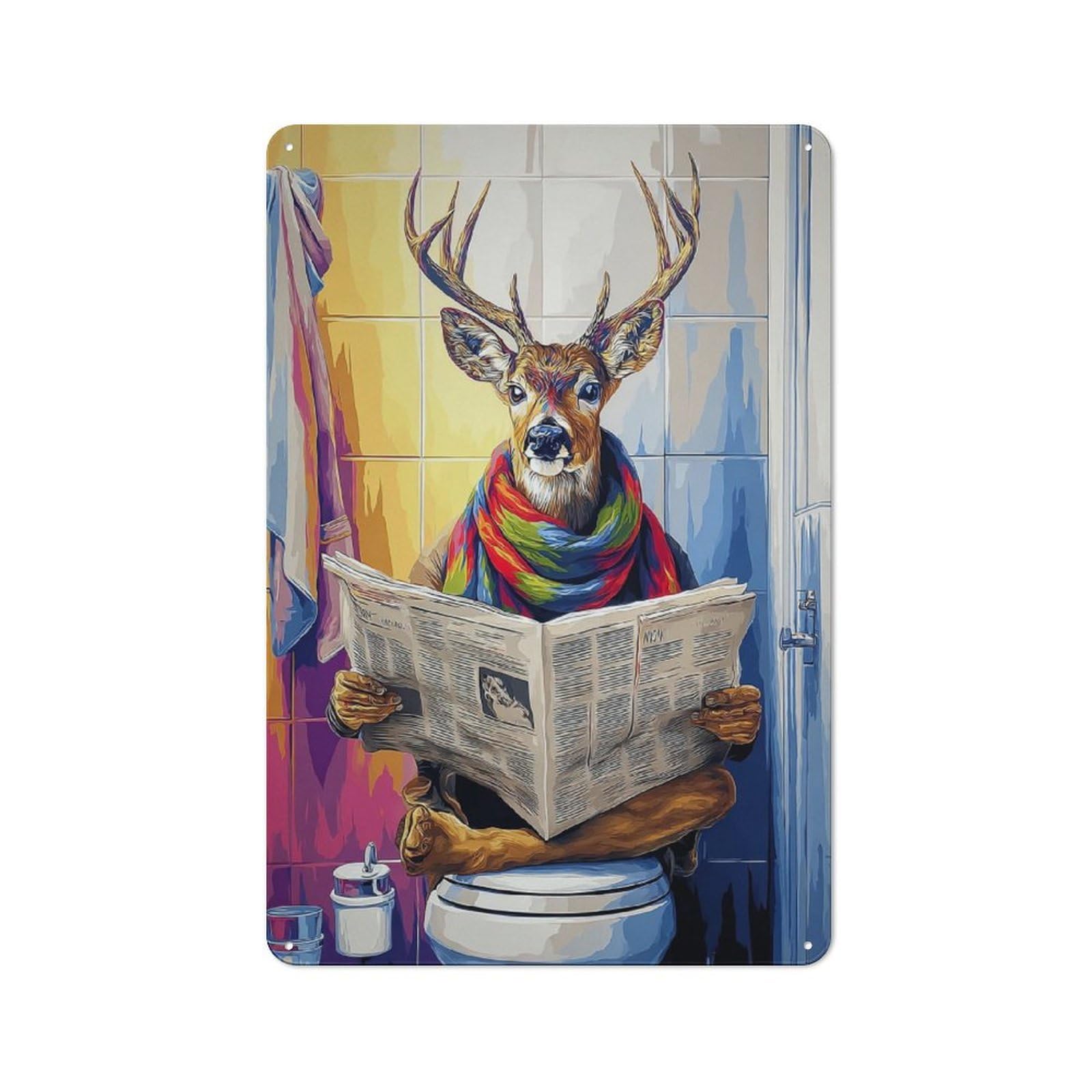 Junmoney Deer Reading Newspaper In Bathroom-3 Modern Vintage Metal Desk Wall Sign 30X20cm, Office Wall Decor For Office, Study, Studio Or Hallway