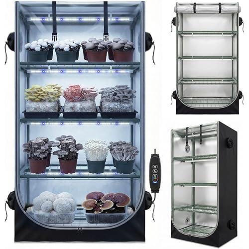 Mushroom Grow Tent with Mushroom-Optimized Grow Lights & Timer, 60" x 27.5" x 20" Indoor Growing Tent with Oxford Fabric Cover, “4" Vent Ports for Accessories