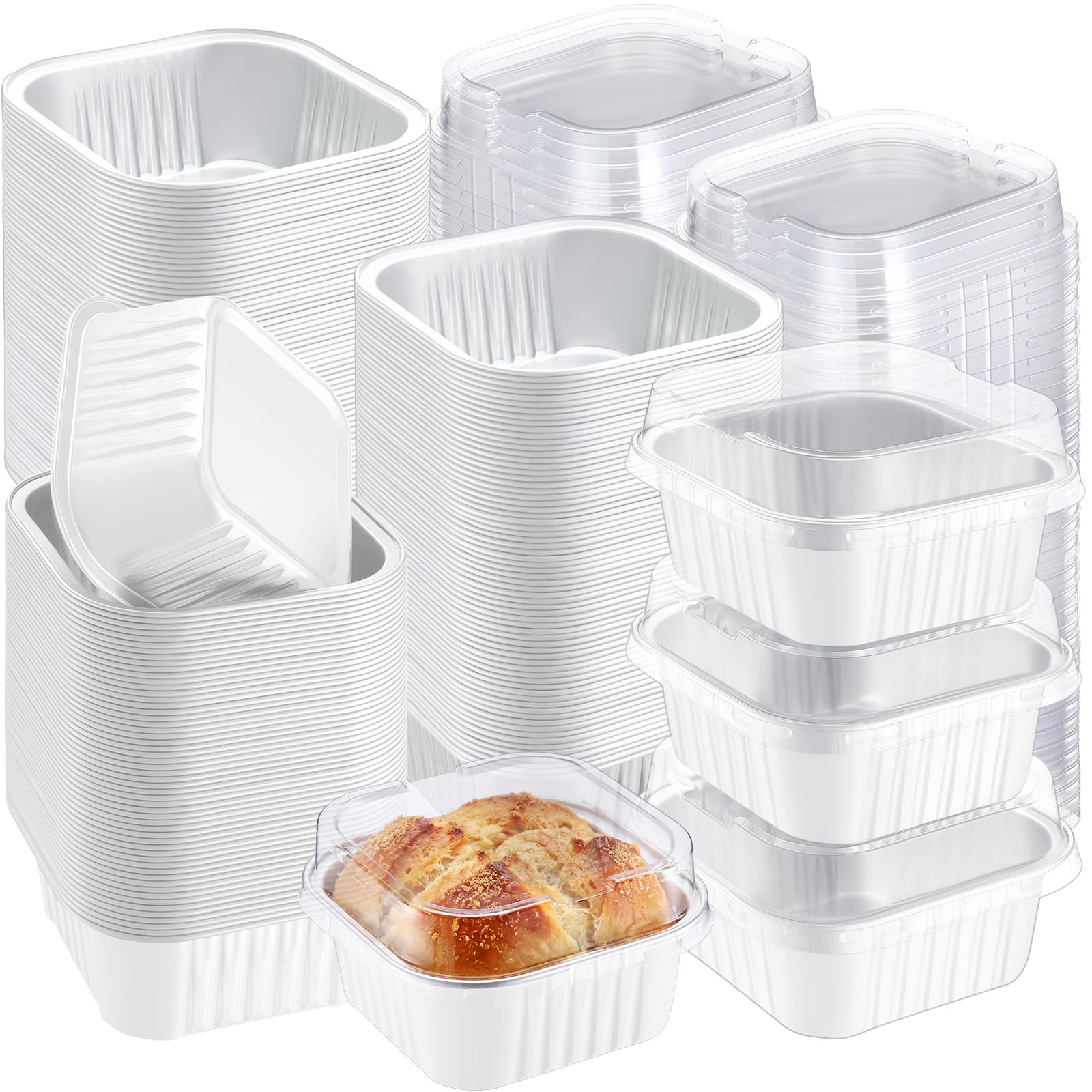Mini-Kuchenformen mit Deckel, Aluminiumfolie, Mini-Backformen, quadratisch, Einweg-Cupcake-Backförmchen, Dessertbehälter für Weihnachten, Hochzeit, Geburtstag, Winterparty, Weiß, klassisch
