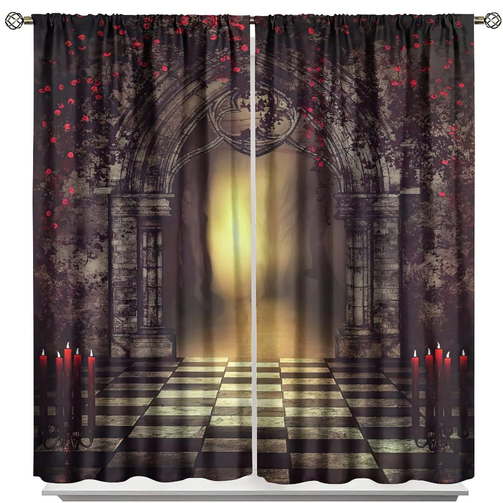 Gothic Blackout Curtains,Red Roses Medieval Castle Old Arch and Candles Thermal Insulated Drapes for Bedroom Living Room Window Curtains W42xL63in