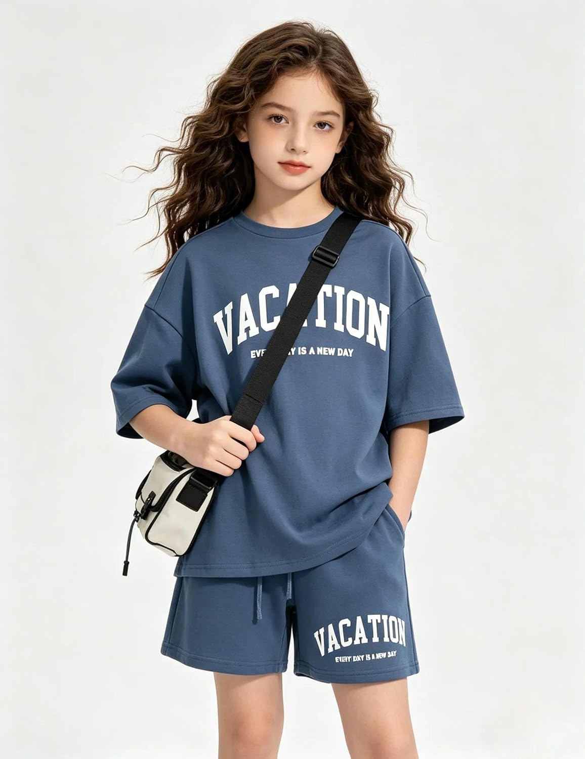 Size 6-12 Years Girl's Tracksuit Sets 2 Piece Outfits Letter Print Vacation Tee Top and Drawstring Waist Shorts