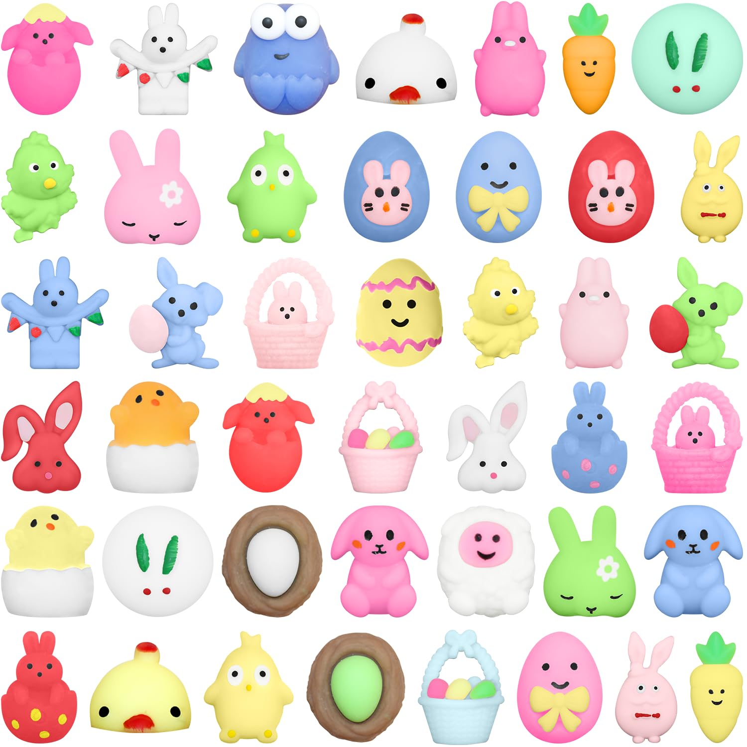IUULOB 43PCS Easter Mochi Squishy Toys, Easter Basket Stuffers Egg Fillers Gifts Party Favors, Mini Cute Stress Relief Squishies Easter Toys Gift for
