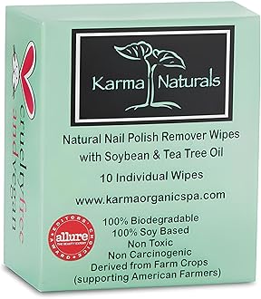 Karma Organic Natural Nail Polish Remover Wipes with Soybean and Tea Tree Oil, 100% Soy Based, Non-Toxic, Vegan, Cruelty-Free – Pack of 10