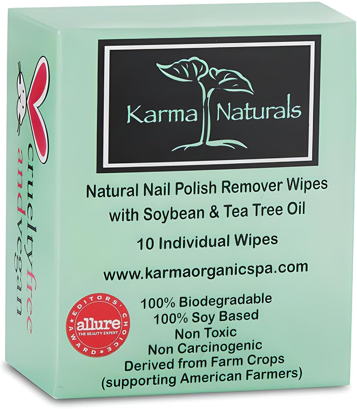 Karma Organic Natural Nail Polish Remover Wipes with Soybean and Tea Tree Oil, 100% Soy Based, Non-Toxic, Vegan, Cruelty-Free – Pack of 10