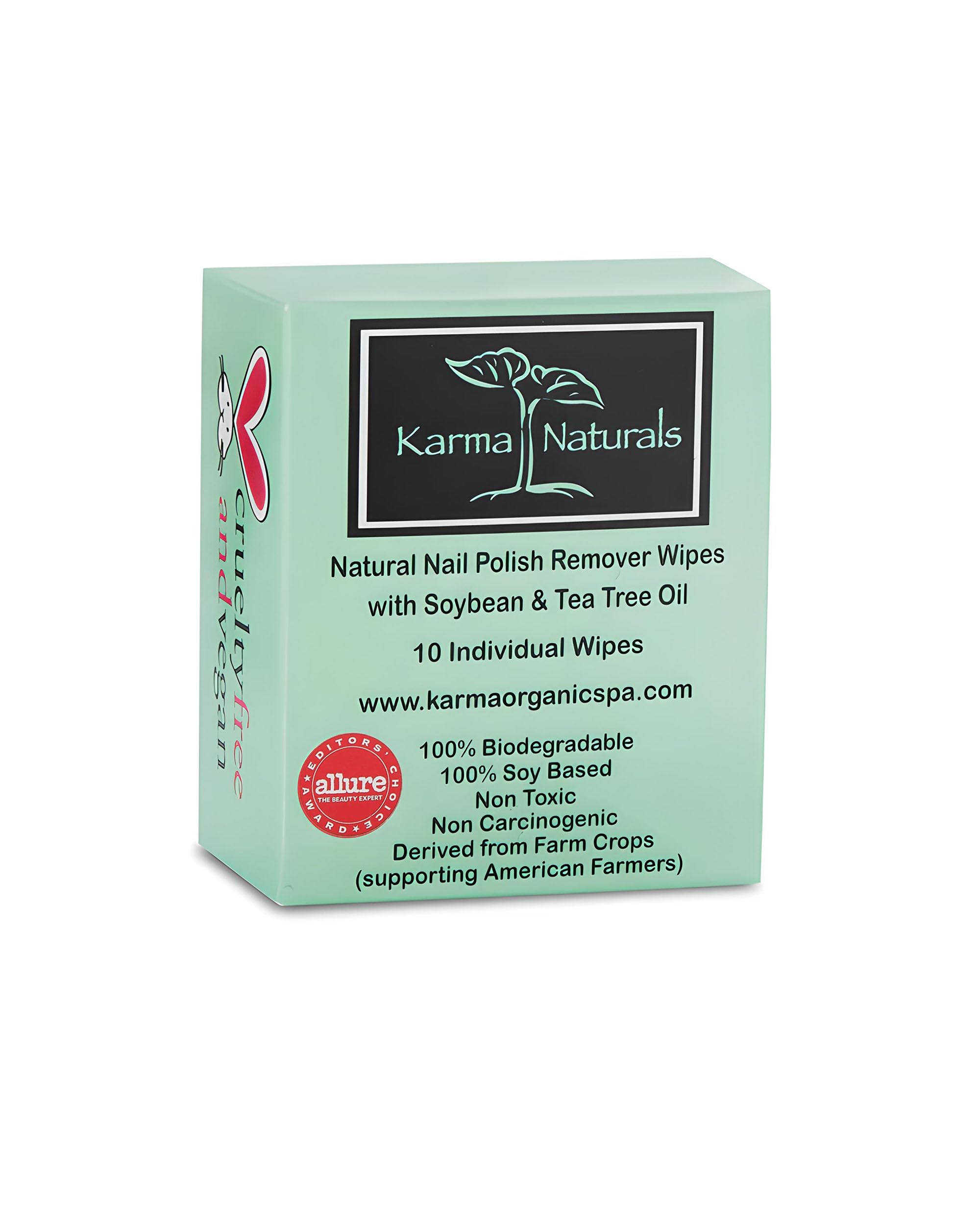 Karma Organic Natural Nail Polish Remover Wipes with Soybean and Tea Tree Oil, 100% Soy Based, Non-Toxic, Vegan, Cruelty-Free – Pack of 10