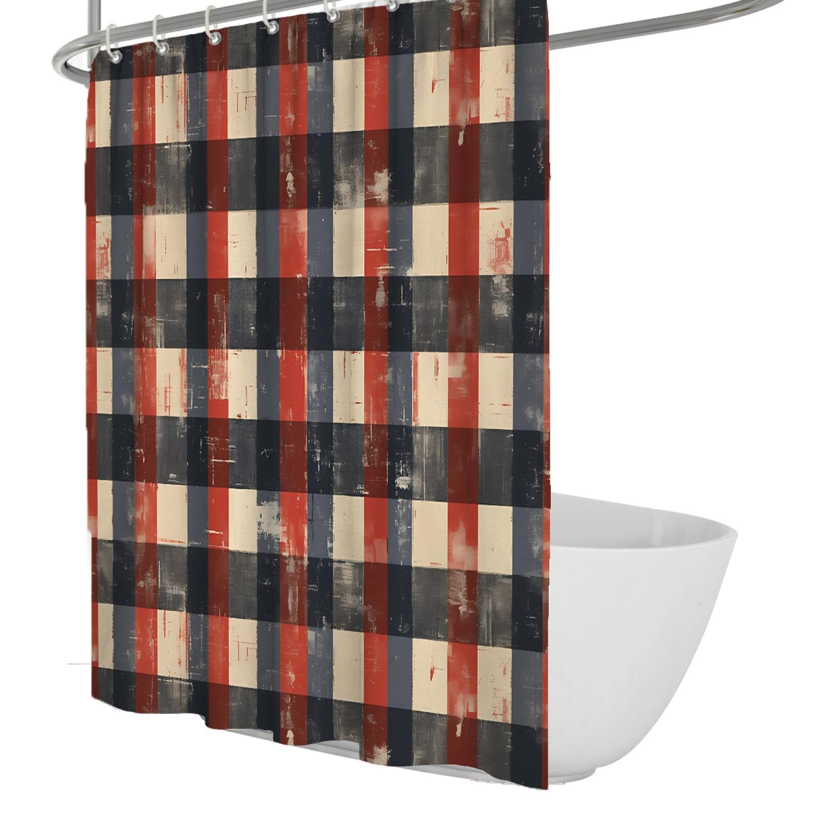 Géométrie rétro Rideau Douche Doublure Carreaux Rayures Salle Bain Cloison Rideau Décor Salle d’Eau avec Crochets Tissu Polyester imperméable 180 x 200 cm