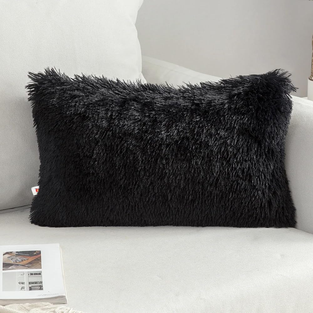 Wondershala Rectangle Black Faux Fur cushion cover pillowcase Pack of 1