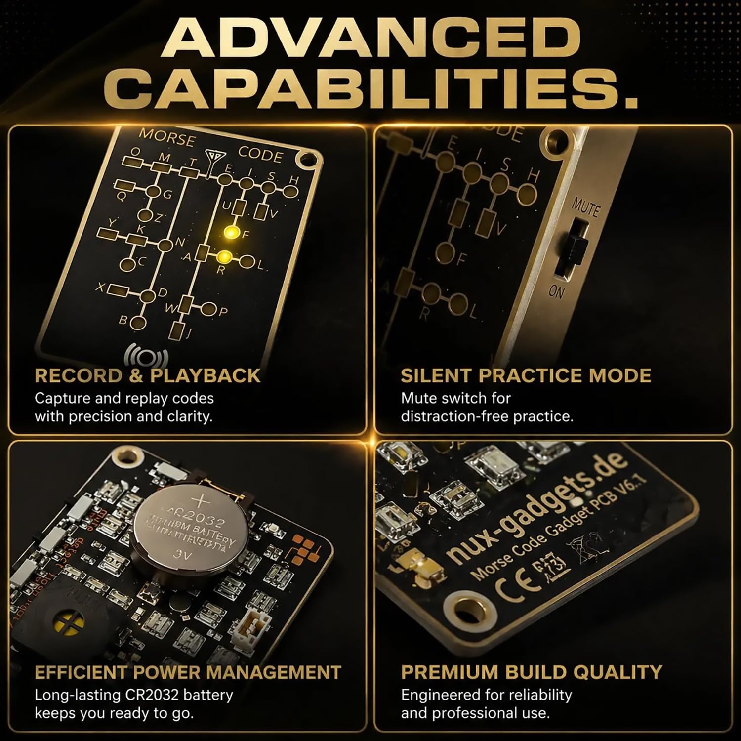 Morse Code Trainer Card Pro (LED Edition) – Interactive LED Morse Code Learning Tool, Professional PCB Style, Multi-Mode Trainer with Immediate Feedback and Practice Features (1pc) — view 4
