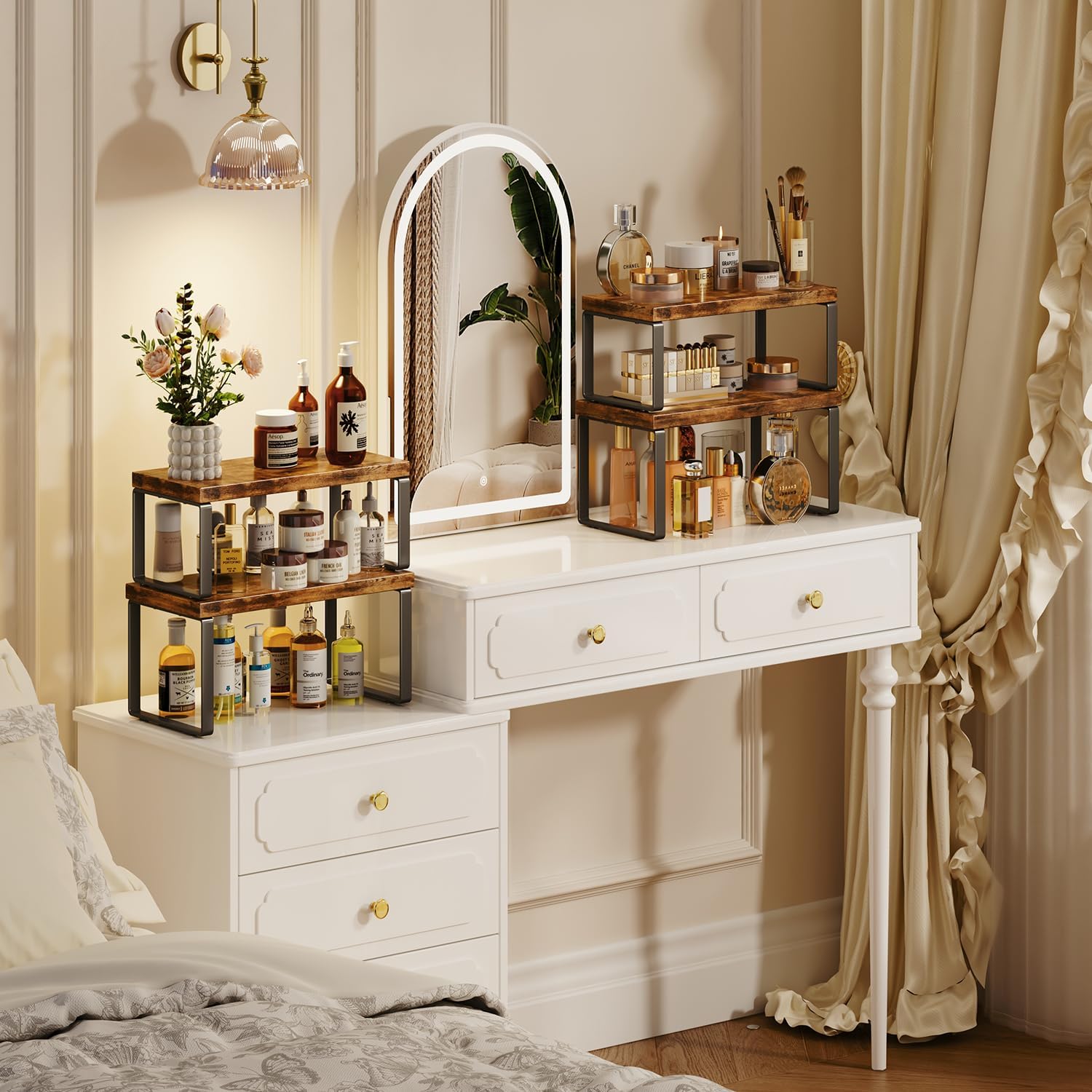 Homeiju cabinet organizers used on a vanity table, holding various makeup and skincare products, showing their versatility beyond the kitchen.