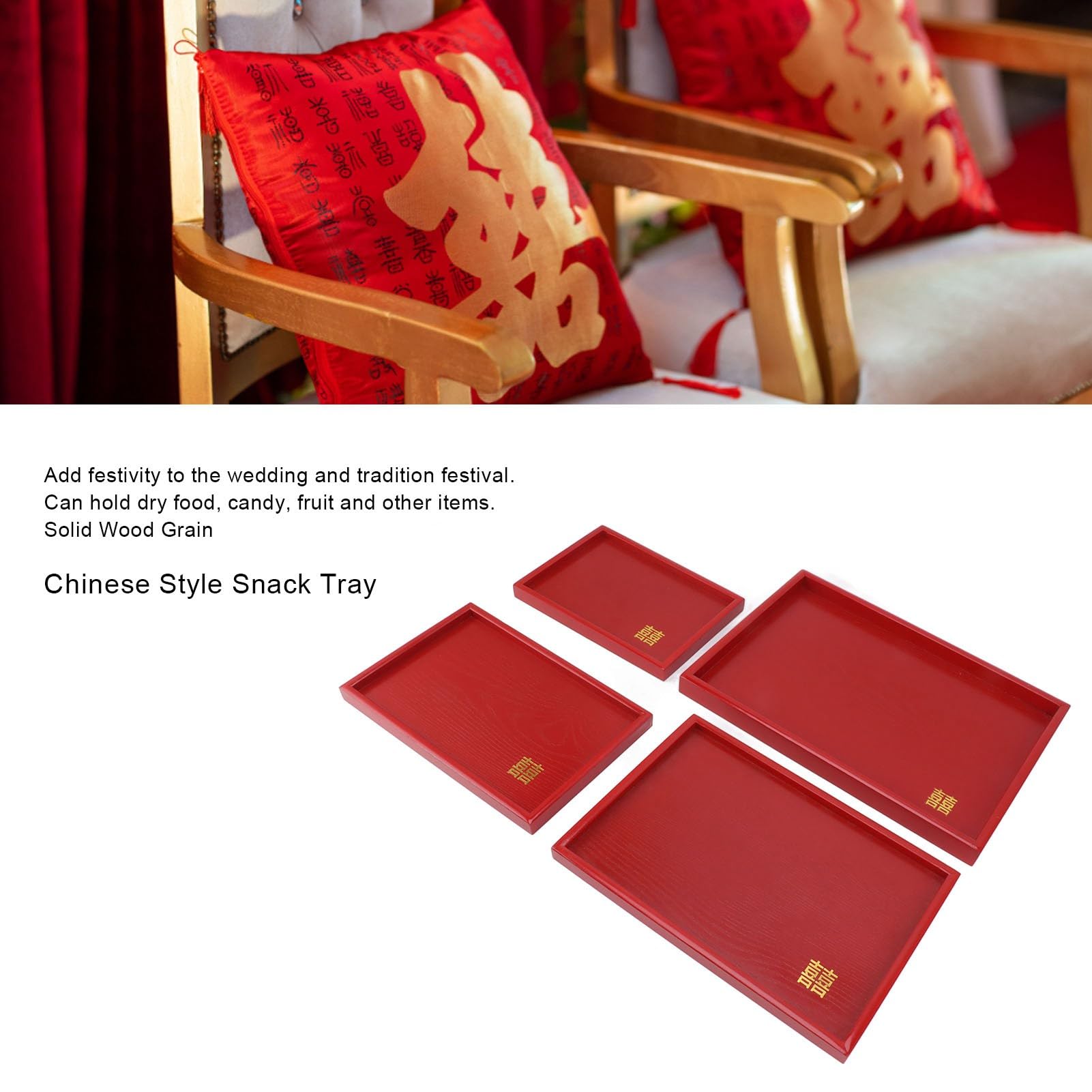 Bandeja de Servicio de Madera roja de Estilo Chino, Bandeja para té y Aperitivos de Boda, Bandeja Artesanal para Dulces de Fruta de Fraxinus mandshurica con Bordes elevados para (Cuadrada)