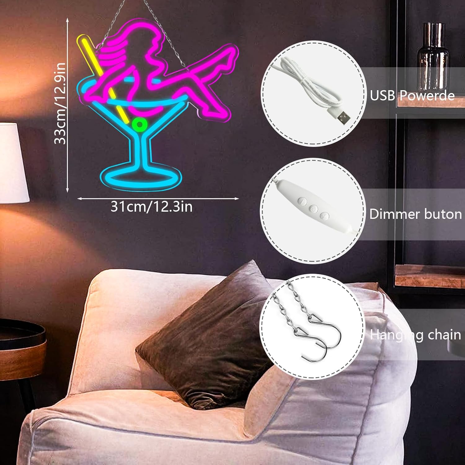 Ladies' wine glass Neon Signs Neon Signs for Wall Decor LED Light Sign for Preppy Room Decor Light Up Sign for Birthday Party Decoration USB Powered