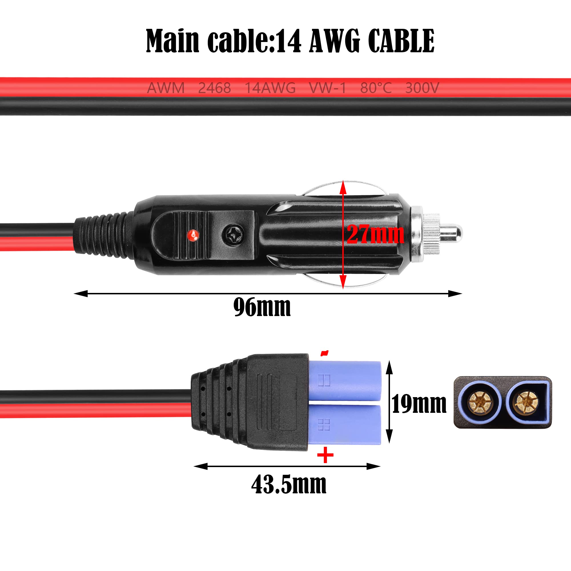 Cavo Accendisigari GINTOOYUN 38 Cm 12-24V | EC5 Femmina A Presa Auto Con Fusibile 10A E LED