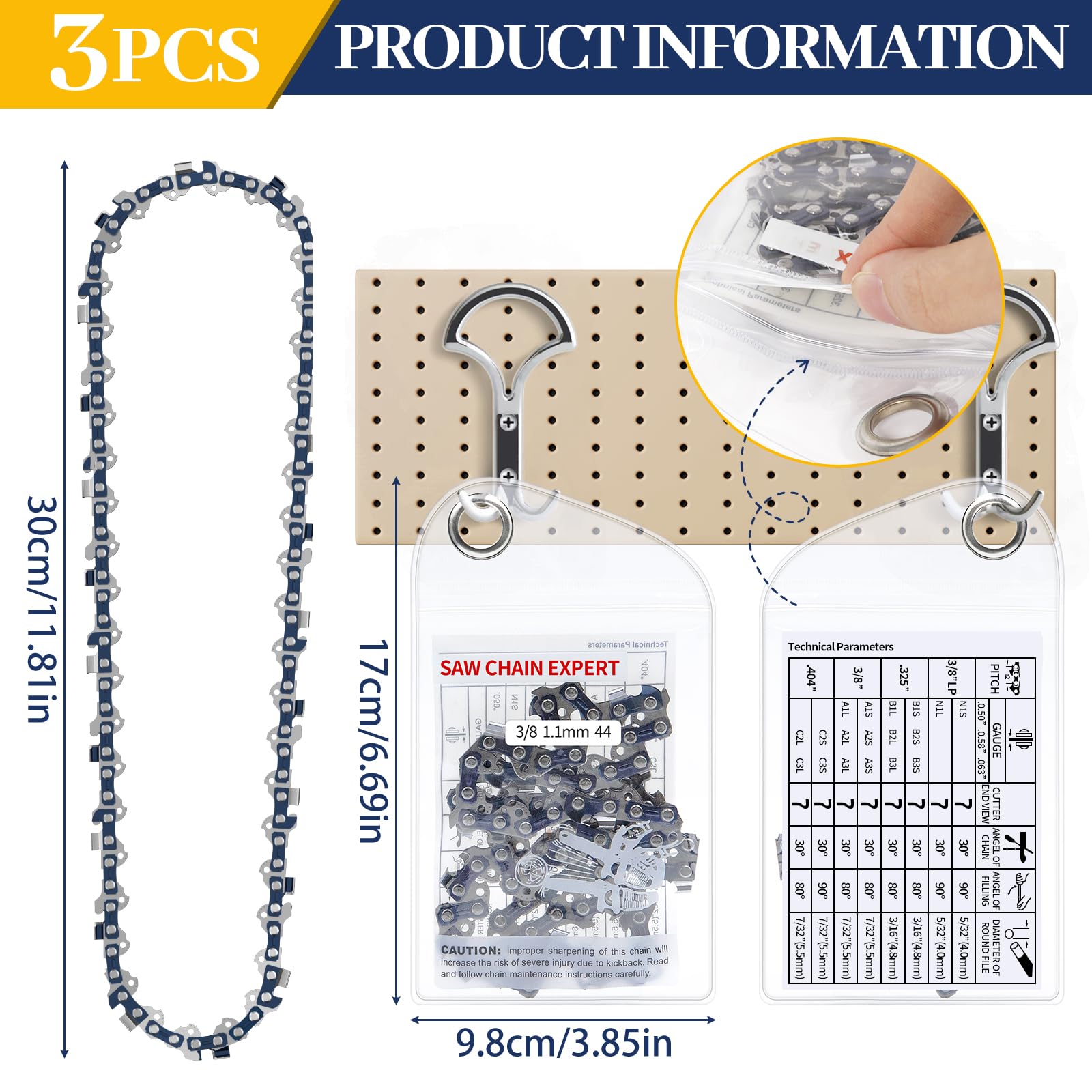 PerfektGarten 3 Catene Per Motosega 30 Cm 1,3 Mm 3/8 44 TG: Ricambio Per 91P044E, 91VG044E