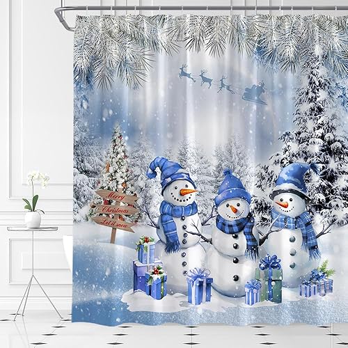 Miniatura 2 de Cortina de ducha con diseño de muñeco de nieve de Navidad, invierno, bosque de pinos, lindo muñeco de nieve azul, juego de cortina de baño con