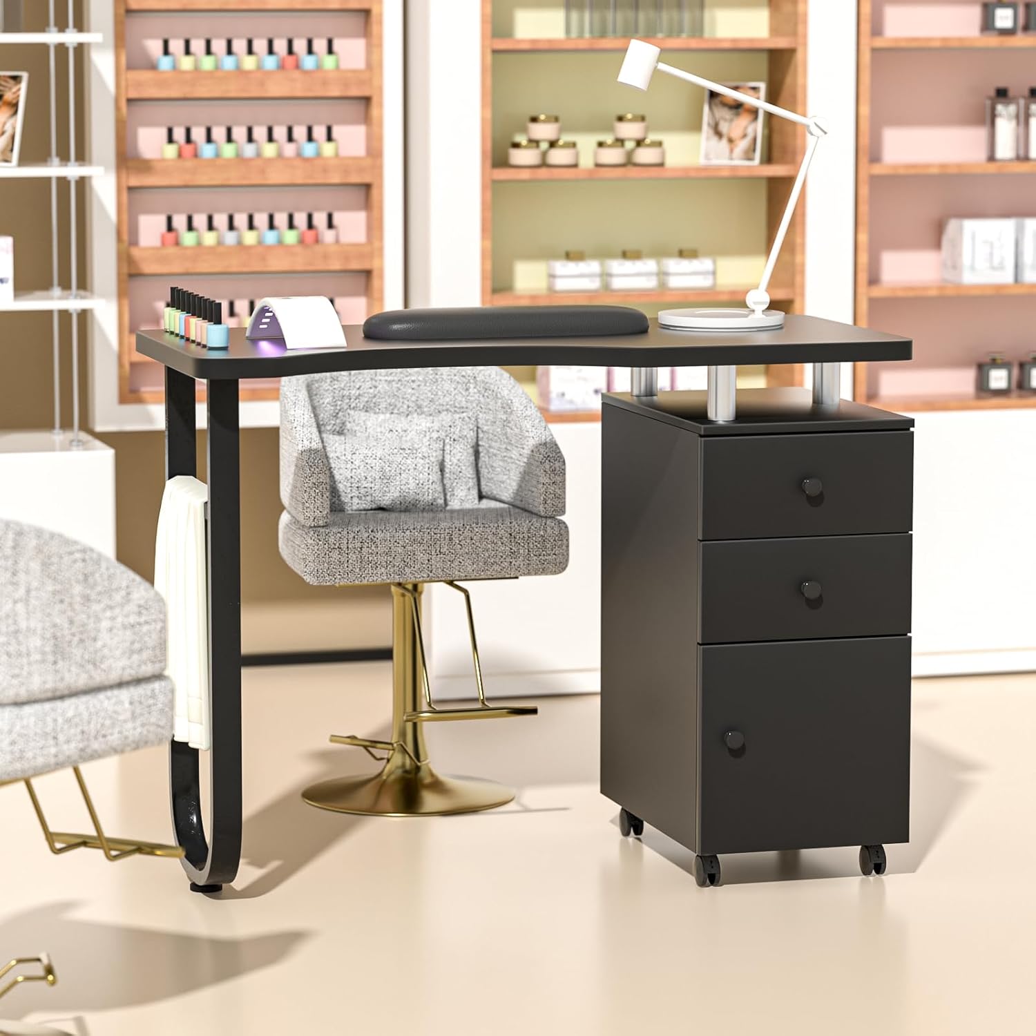 FreSup Professional Nail Tech Table and Vanity Desk with Acid Resistant Surface, 3 Drawers Manicure Desk with 4 Lockable Caster Wheels, Wrist Cushion for Salon Home & Studio Use (Black with Wheel)