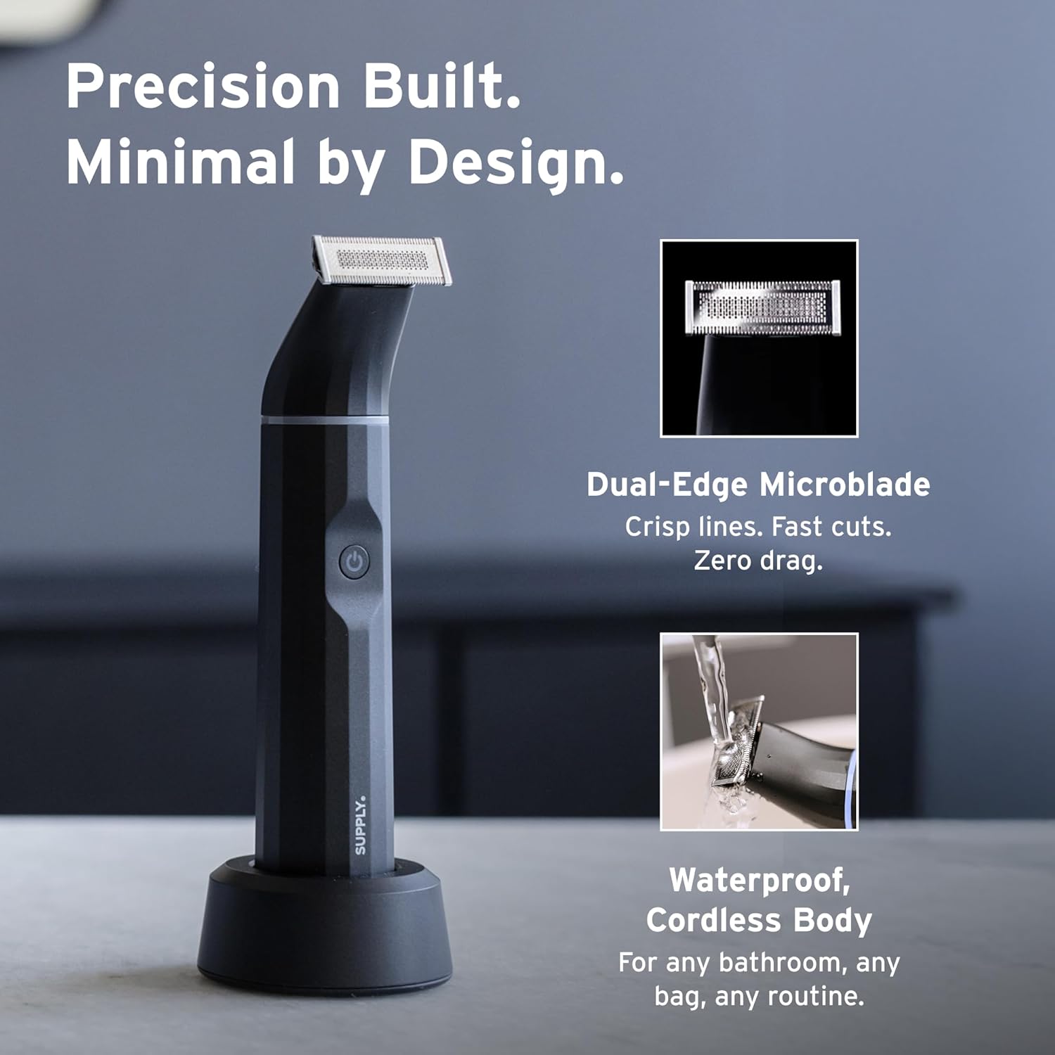 Supply Electric Beard & Body Trimmer – Waterproof, Cordless Precision Groomer with Adjustable Length Dial & Long-Lasting Battery – Includes 1 Blade Set, Charging Dock, USB-C Cable & Travel Cap