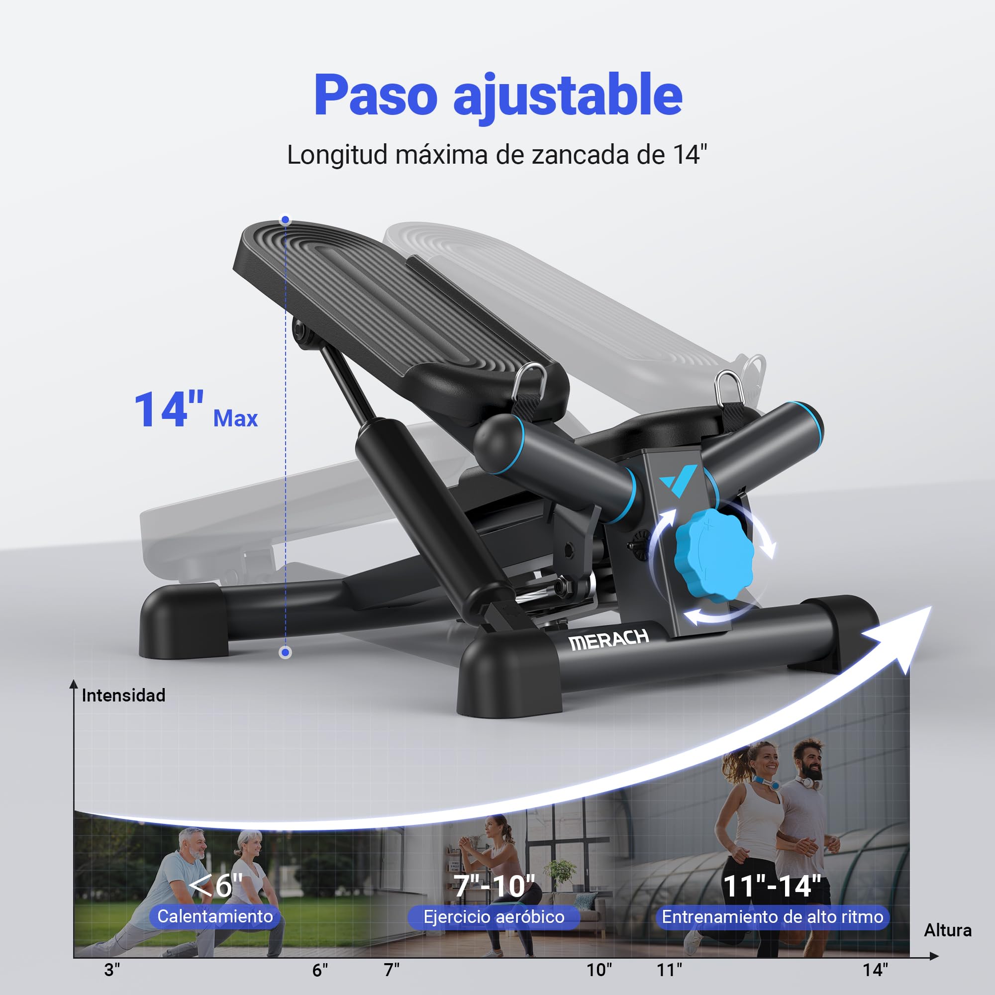 MERACH Stepper 2 en 1 para el Hogar, Silencioso, Mini Stepper de 150 kg, con Monitor LCD, Escalón de Balanceo hacia Abajo con Power Ropes para Entrenamiento de Pierna/Brazo/Glúteos, Home Office