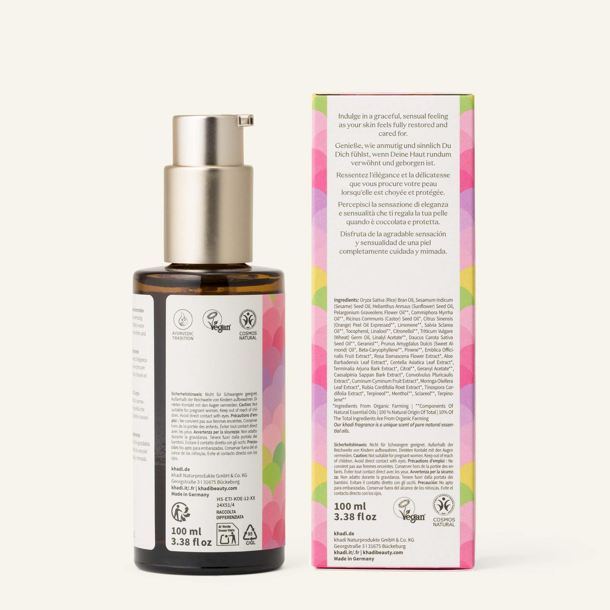 khadi ROSE LOVE Huile de corps Élixir Ayurvédique - Huile de beauté luxueuse - nourrissante et régénérante - 100% végétale et naturelle - 100 ml