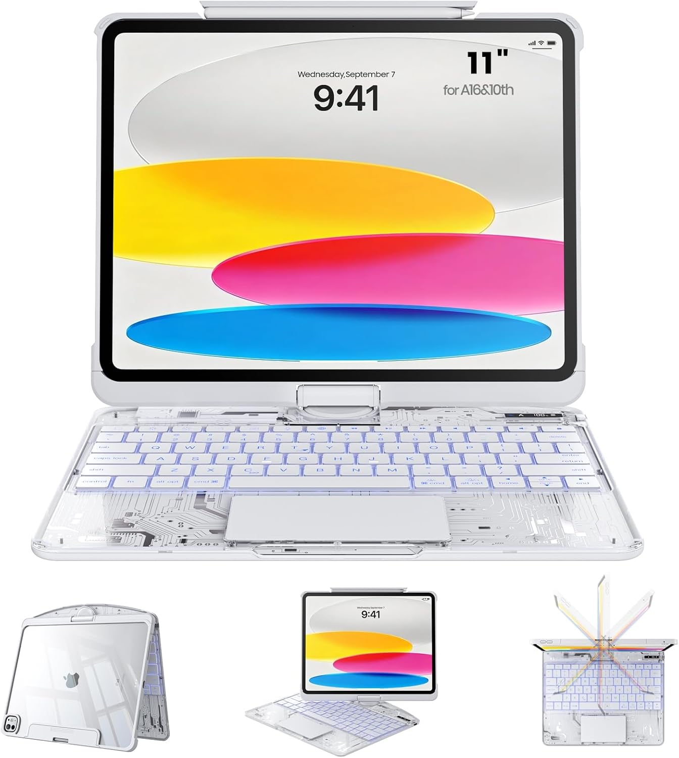 Clear Case with Keyboard for 10.9" iPad 10th Generation & 11" A16 (11th) Case with Keyboard, 360°+180° Rotating iPad Keyboard, LCD Display, Pencil Holder, 7-Color Backlit, Trackpad, White