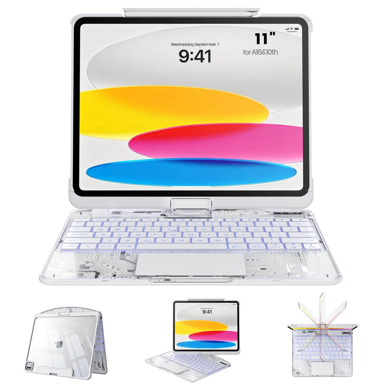 Clear Case with Keyboard for 10.9" iPad 10th Generation &amp; 11" A16 (11th) Case with Keyboard, 360°+180° Rotating iPad Keyboard, LCD Display, Pencil Holder, 7-Color Backlit, Trackpad, White