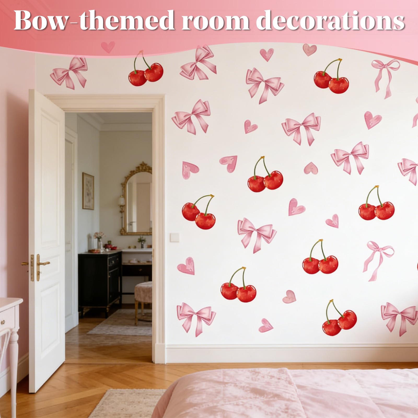 Pink Bow Room Decor Cute Cherry Girls Wallpaper Pink Love Heart Decorations - Image 3
