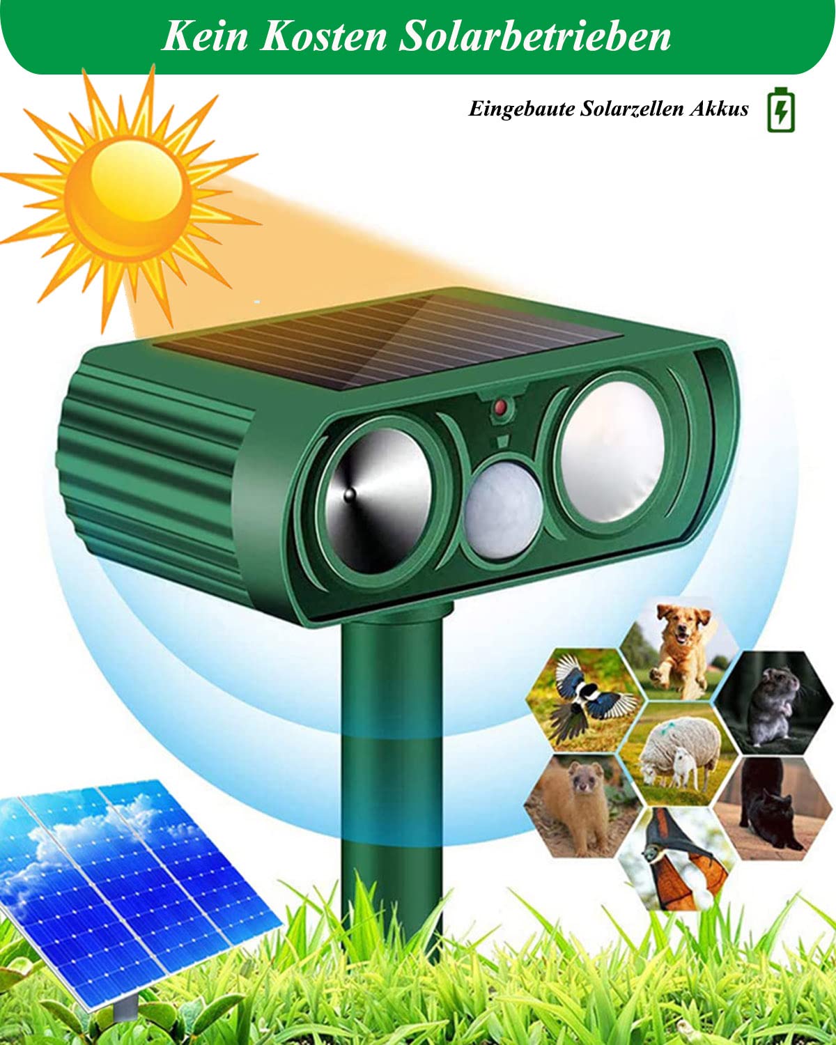 Solar Katzenschreck, Multifunktion Ultraschall Katzenabwehr, Wasserdicht Marderschreck mit Bewegungssensor, Vogelschreck Vertreiber für Maulwurf, Hunde, Vögel, Katzenschreck für Garten Rasen Farm