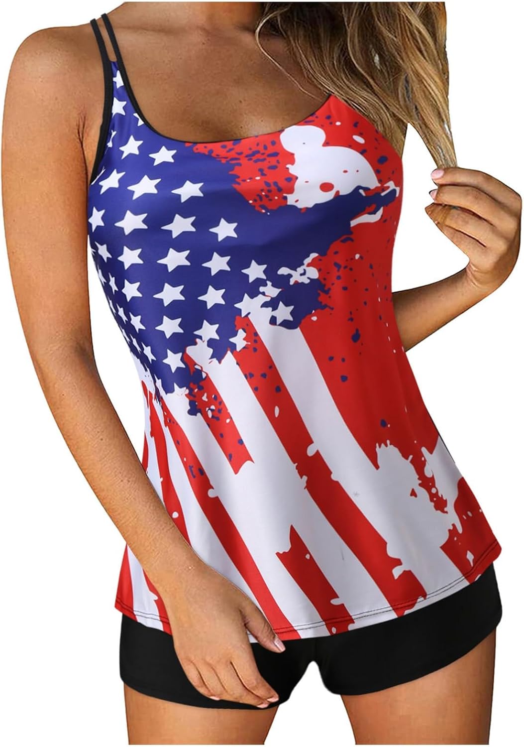 4Th of July Swimsuits for Women Red White and Blue Tankini Bathing Suits Top with Shorts Padded Patriotic Swimsuits