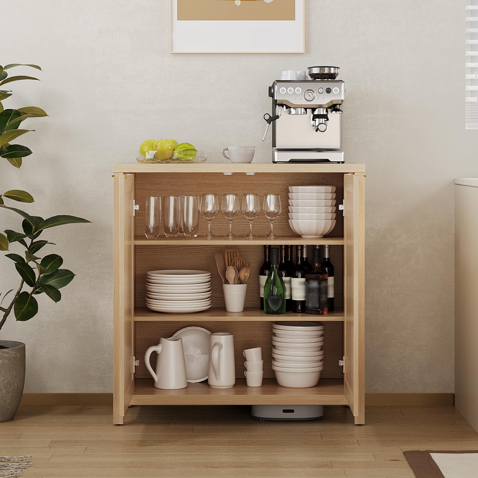 Aparador Mimbre 87cm Madera con Estantes Ajustables para Comedor y Cocina | Gabinete buffet moderno equipado con puertas y tiradores metálicos elegantes
